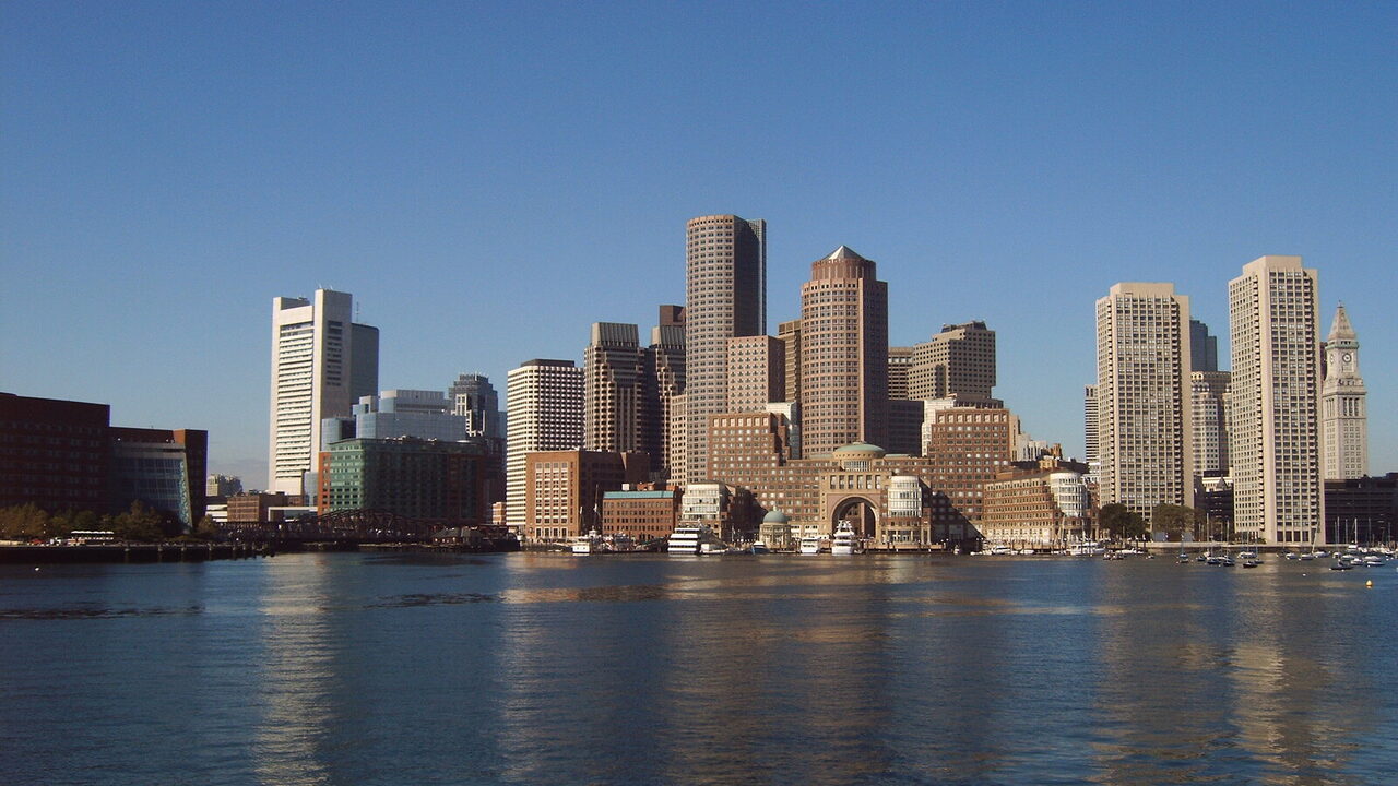 Boston skyline seen from the water in Boston Harbor