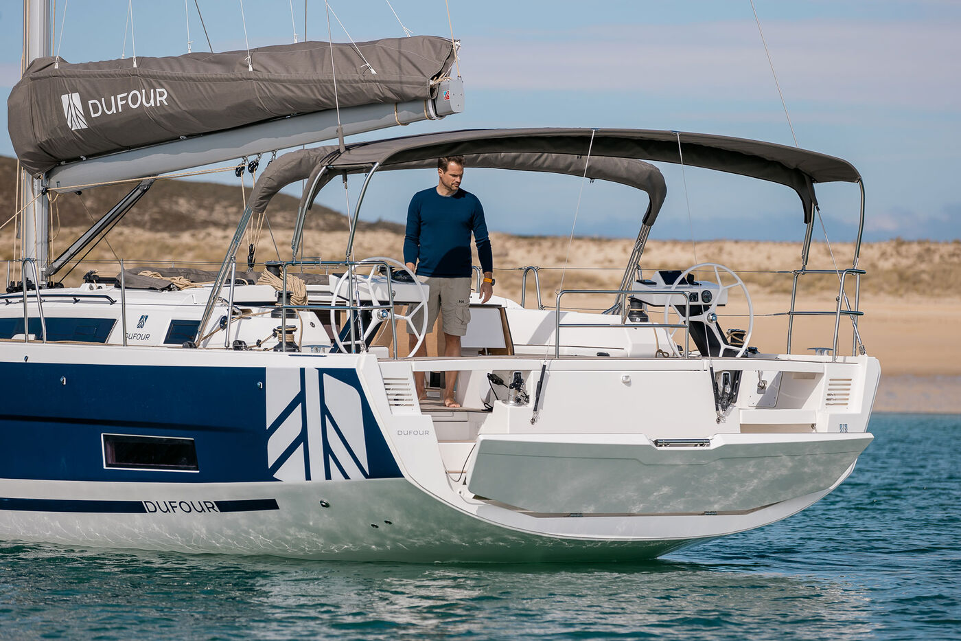 Dufour 470 swim platform at anchor, builder photo